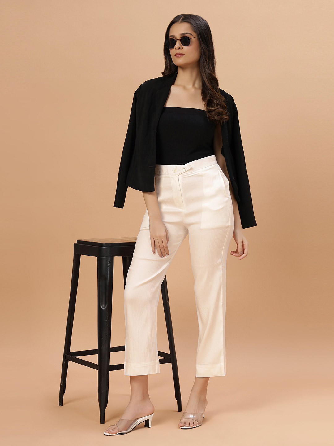 

Bottoms.love Women Textured Relaxed Regular Fit Formal Trousers, Cream