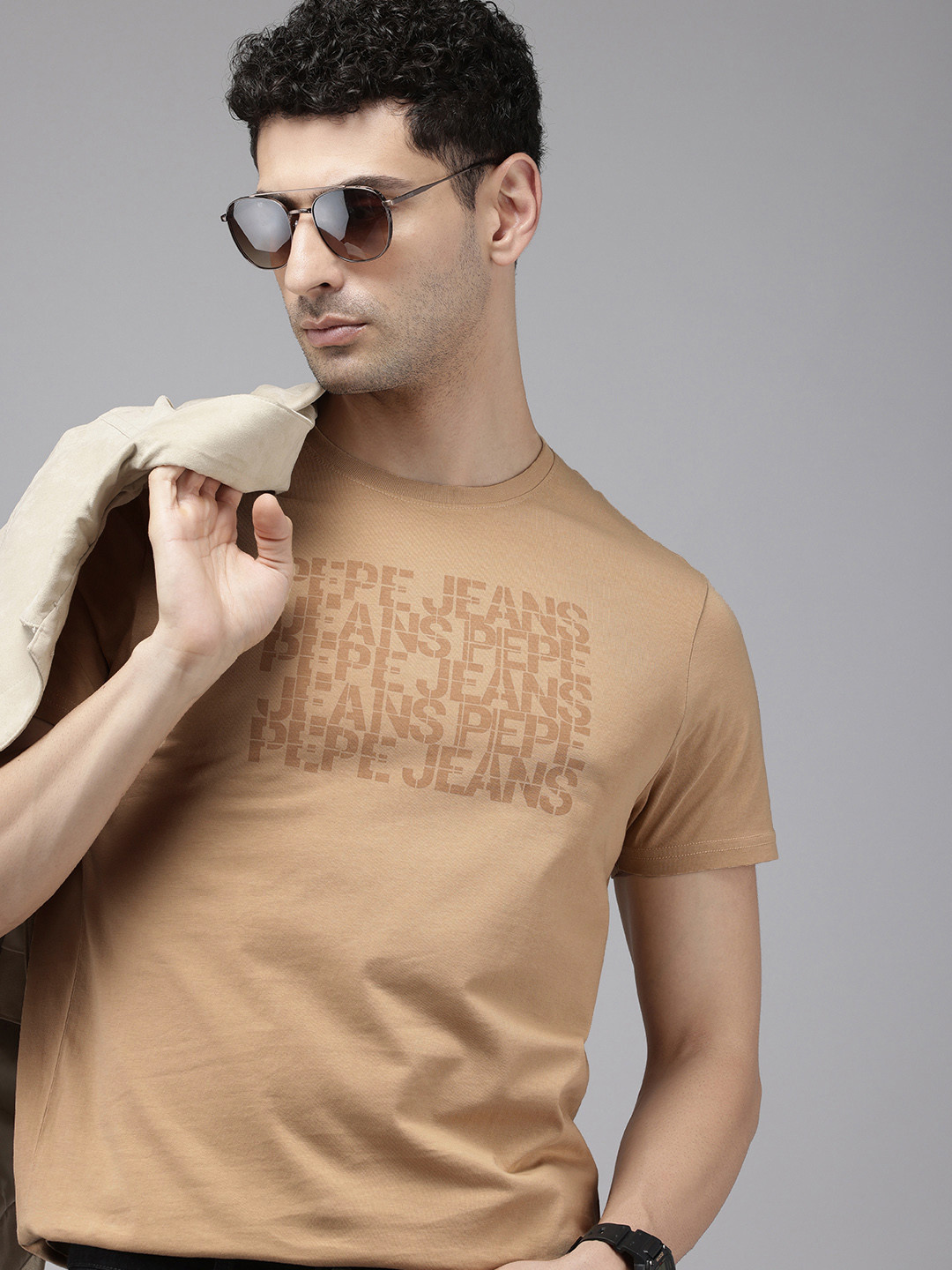 

Pepe Jeans Brand Logo Printed Pure Cotton Slim Fit T-shirt, Beige