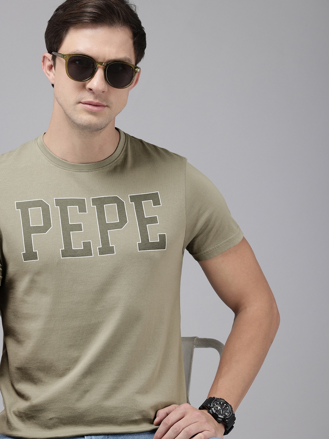 

Pepe Jeans Slim Fit Typography Printed Pure Cotton T-shirt, Olive