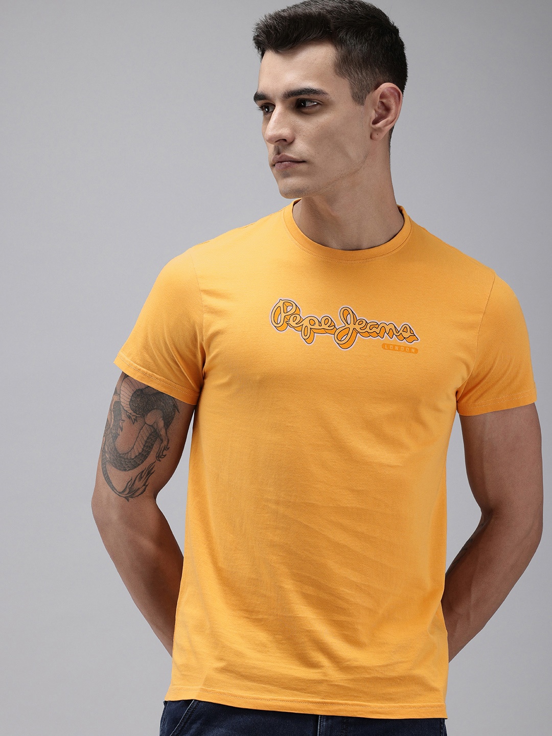 

Pepe Jeans Brand Logo Printed Pure Cotton Slim Fit T-shirt, Mustard