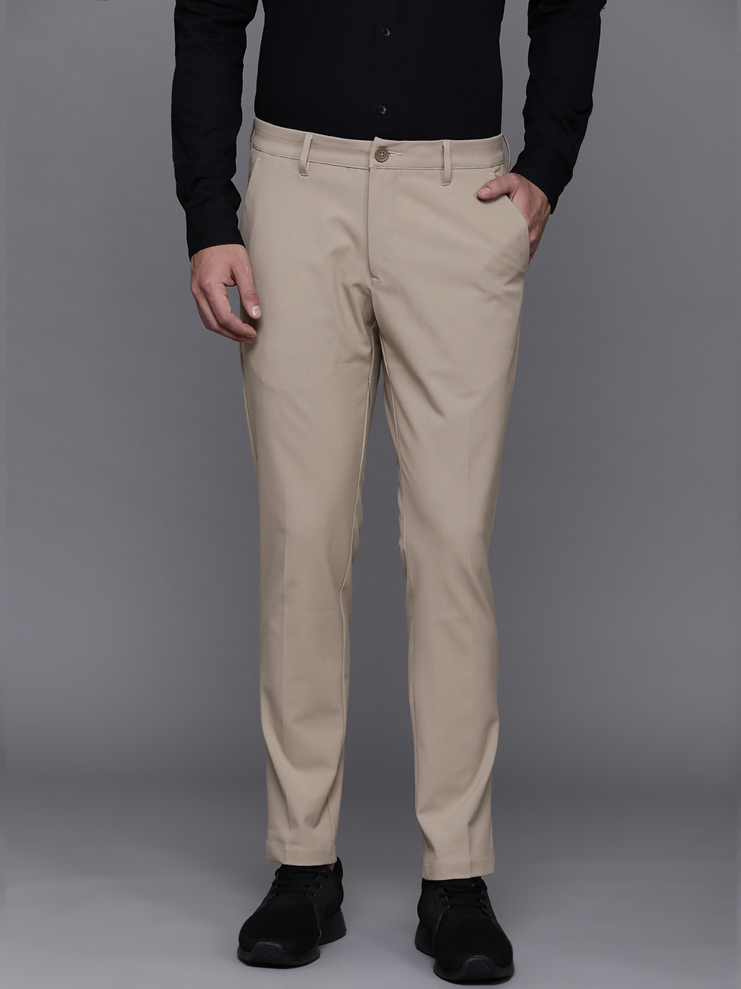 

Louis Philippe Ath.Work Men Comfy Tapered Fit Chinos Trousers, Beige