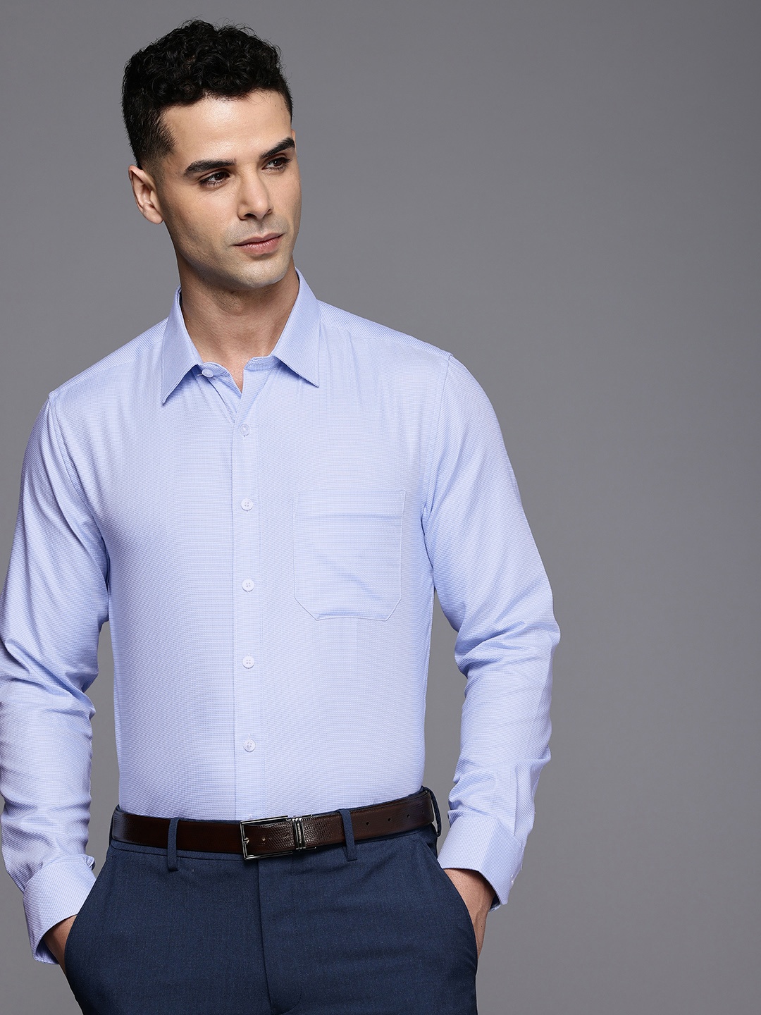 

Louis Philippe Pure Cotton Slim Fit Houndstooth Checks Opaque Formal Shirt, Blue