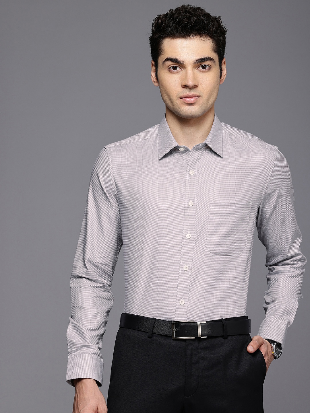 

Louis Philippe Pure Cotton Self Design Slim Fit Textured Formal Shirt, Grey