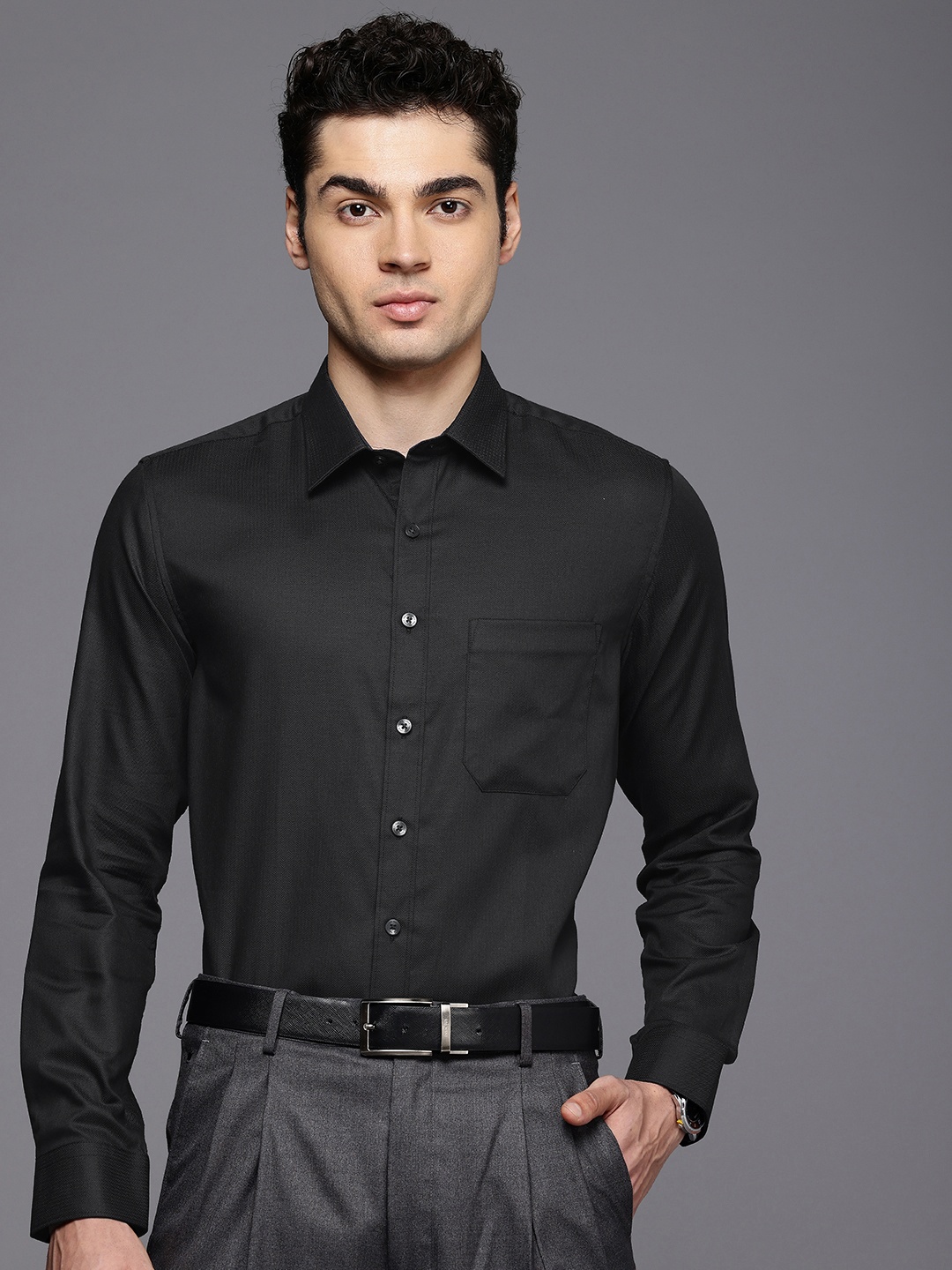 

Louis Philippe Pure Cotton Self Design Slim Fit Textured Formal Shirt, Black