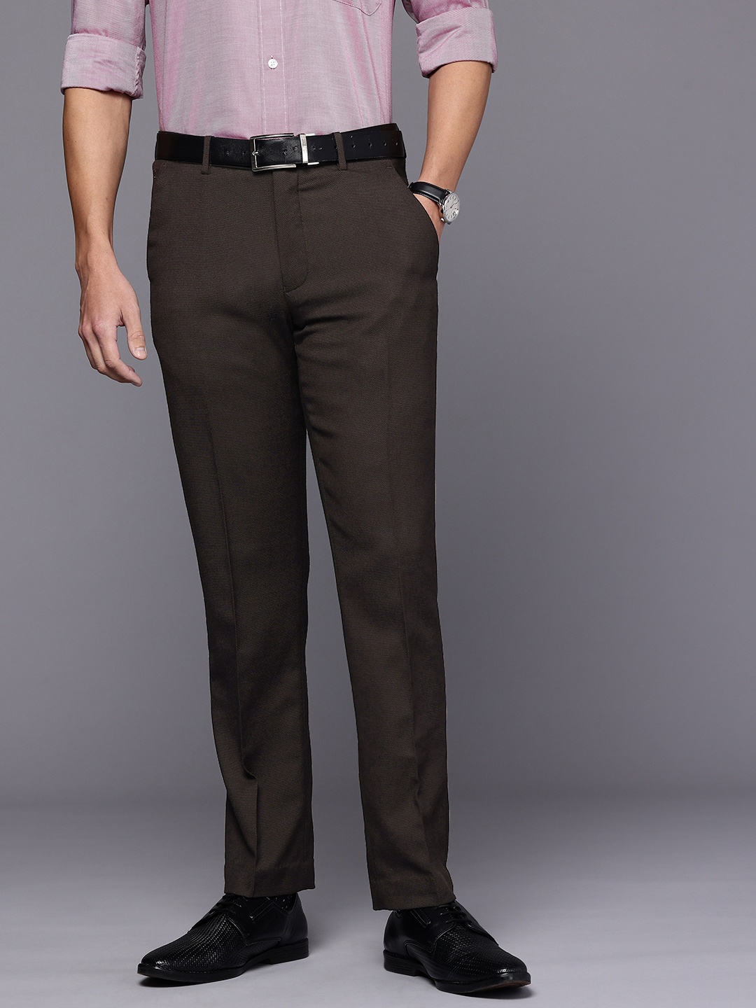 

Louis Philippe Slim Fit Textured Formal Trousers, Brown