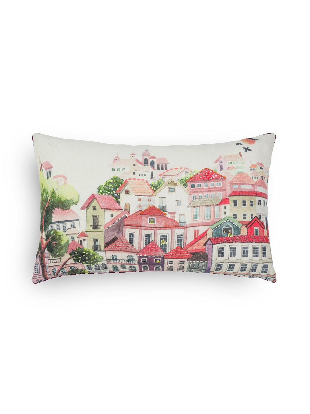 

ONSETHOMES Pink & Green Embroidered Linen Rectangle Cushion Covers