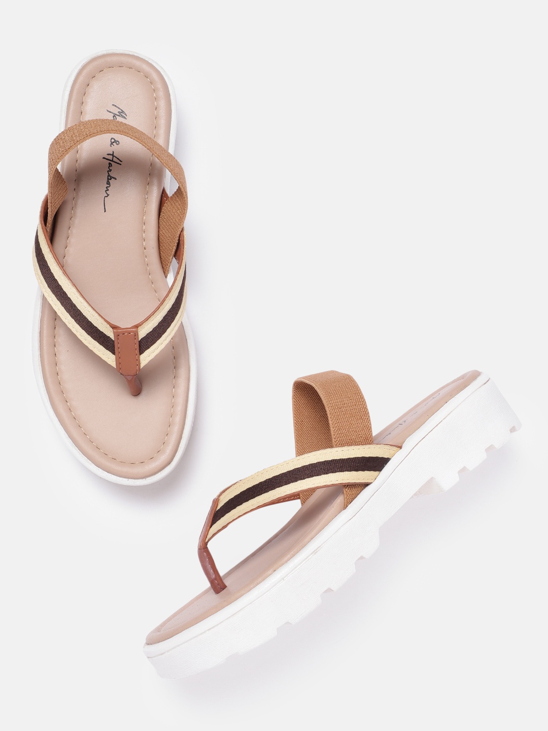 

Mast & Harbour Women Striped Open Toe Flats, Brown