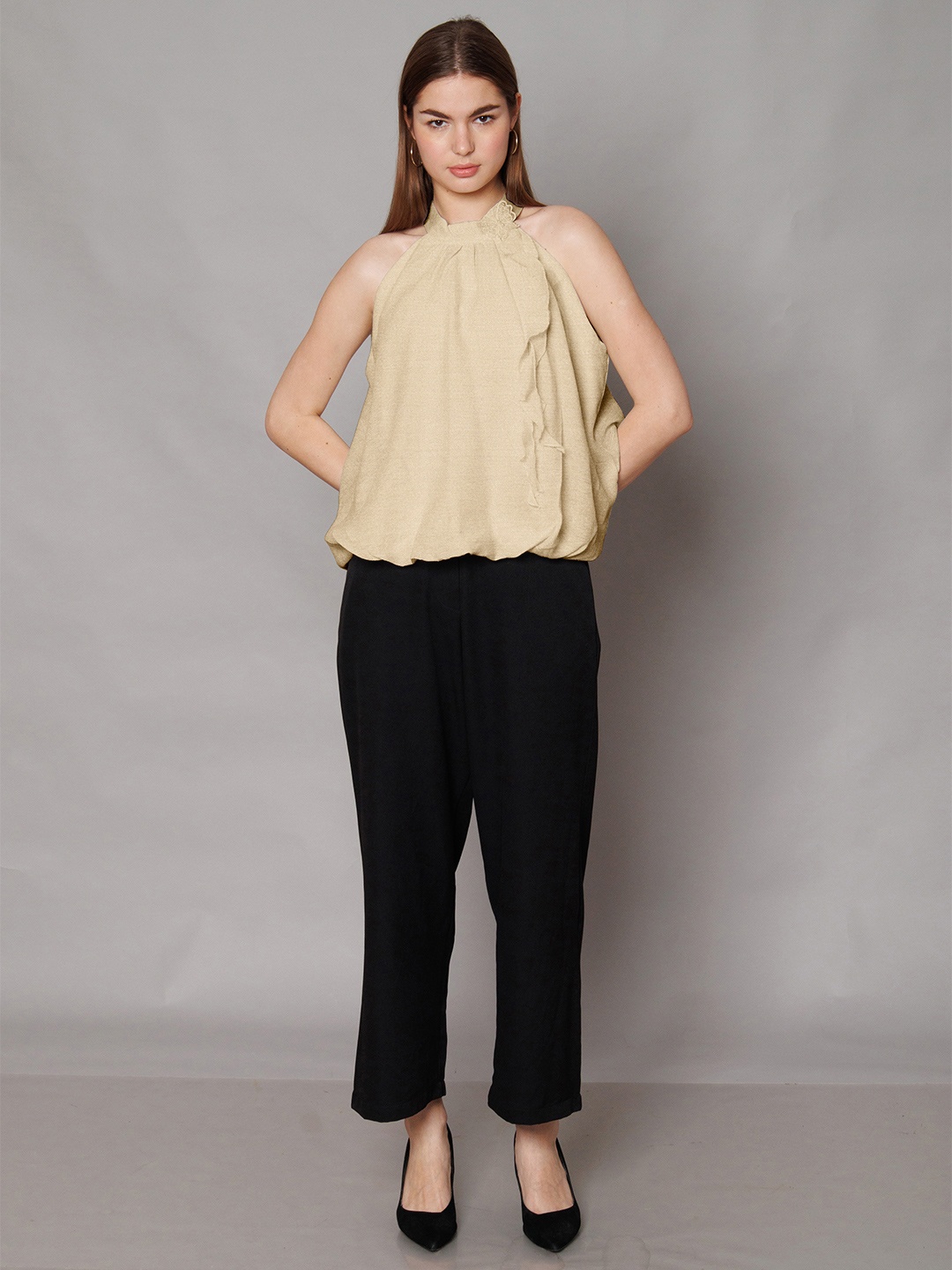 

Zink London Women Solid High Neck Top, Cream