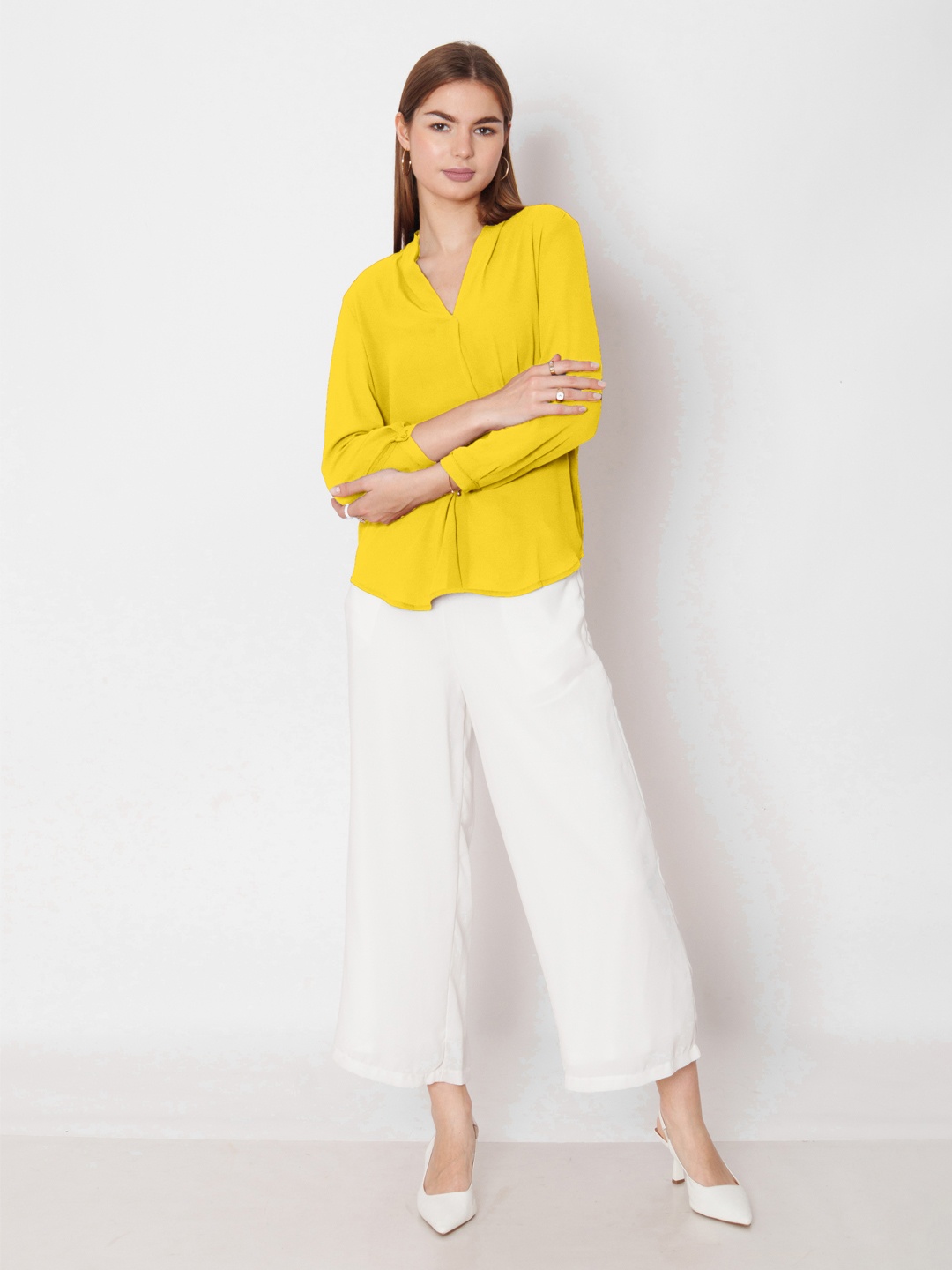 

Zink London Women Solid V-Neck Top, Yellow