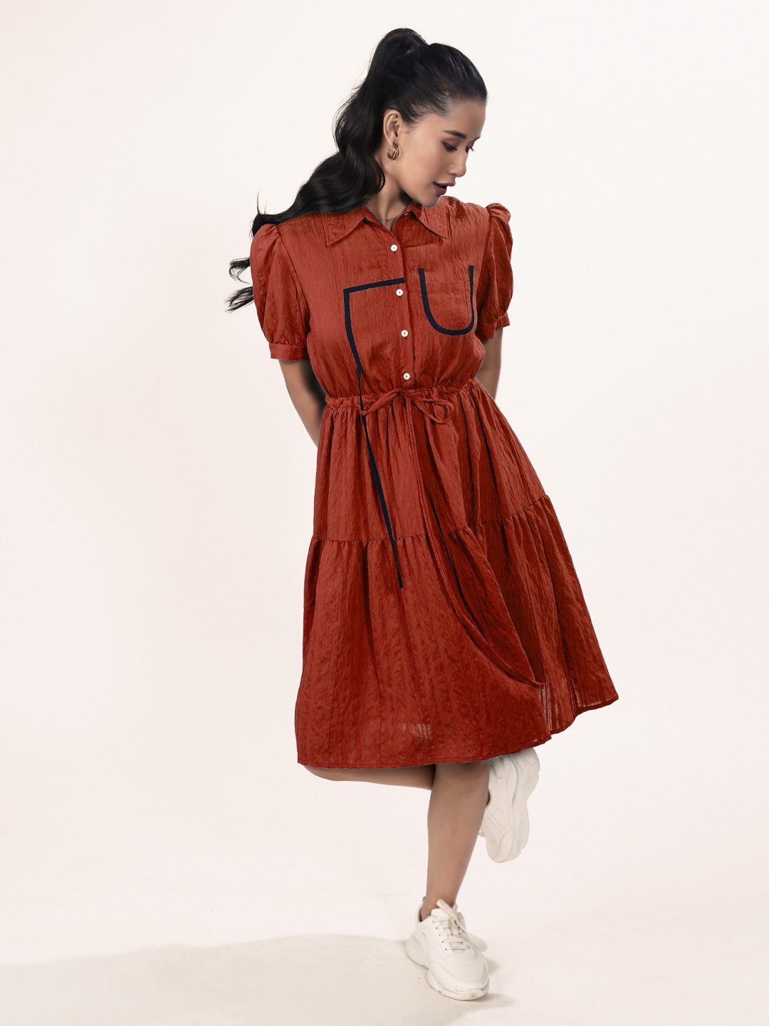 

Zink London Solid Shirt Collar A-Line Dress, Brown