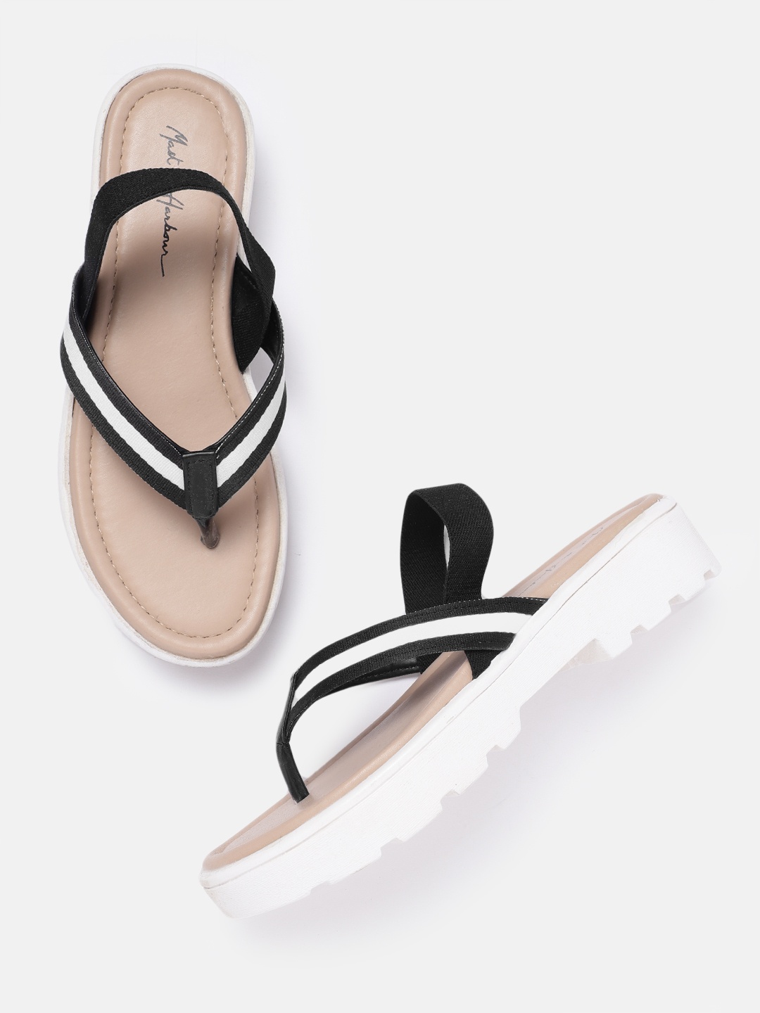 

Mast & Harbour Women Striped One Toe Flats, Black
