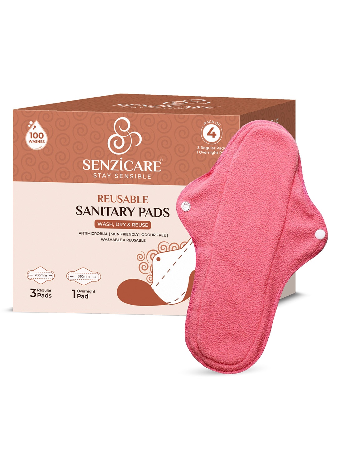 

Senzicare Cotton Reusable Sanitary XL Pads - 4 Pieces, Pink