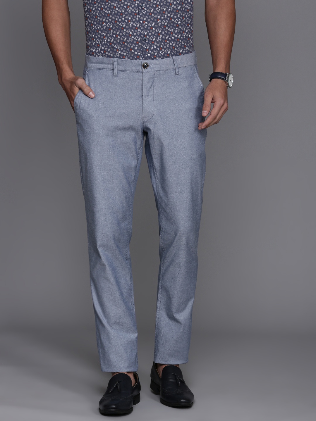 

Louis Philippe Sport Men Tapered Fit Low-Rise Smart Casual Chinos Trousers, Blue