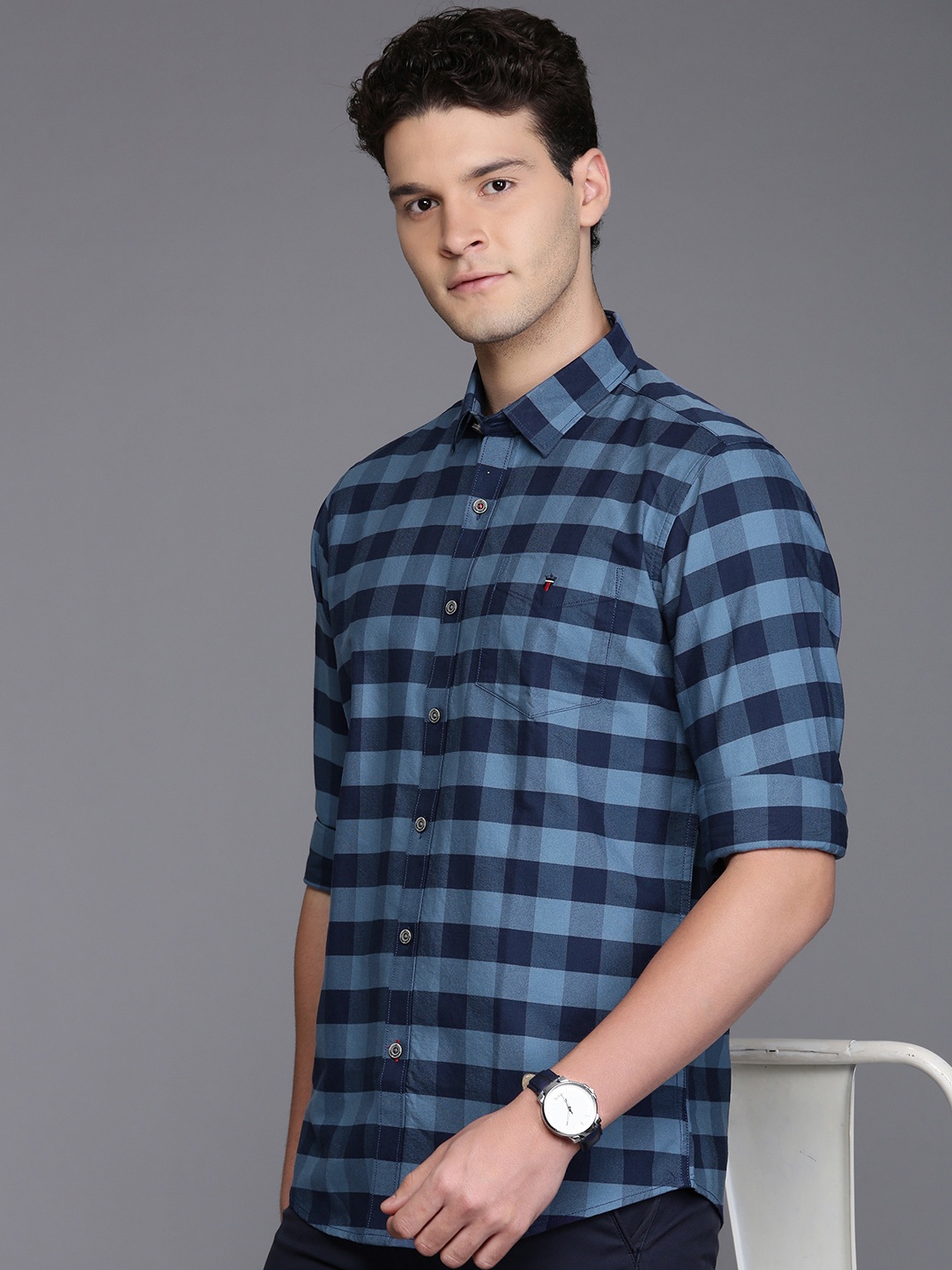 

Louis Philippe Sport Pure Cotton Slim Fit Buffalo Checked Casual Shirt, Blue