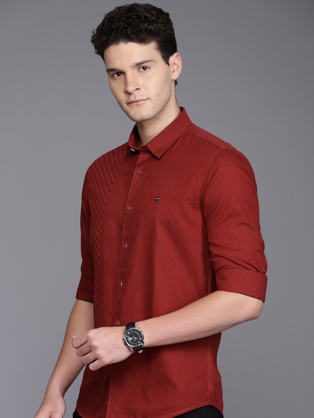 

Louis Philippe Sport Pure Cotton Self Design Textured Super Slim Fit Casual Shirt, Maroon