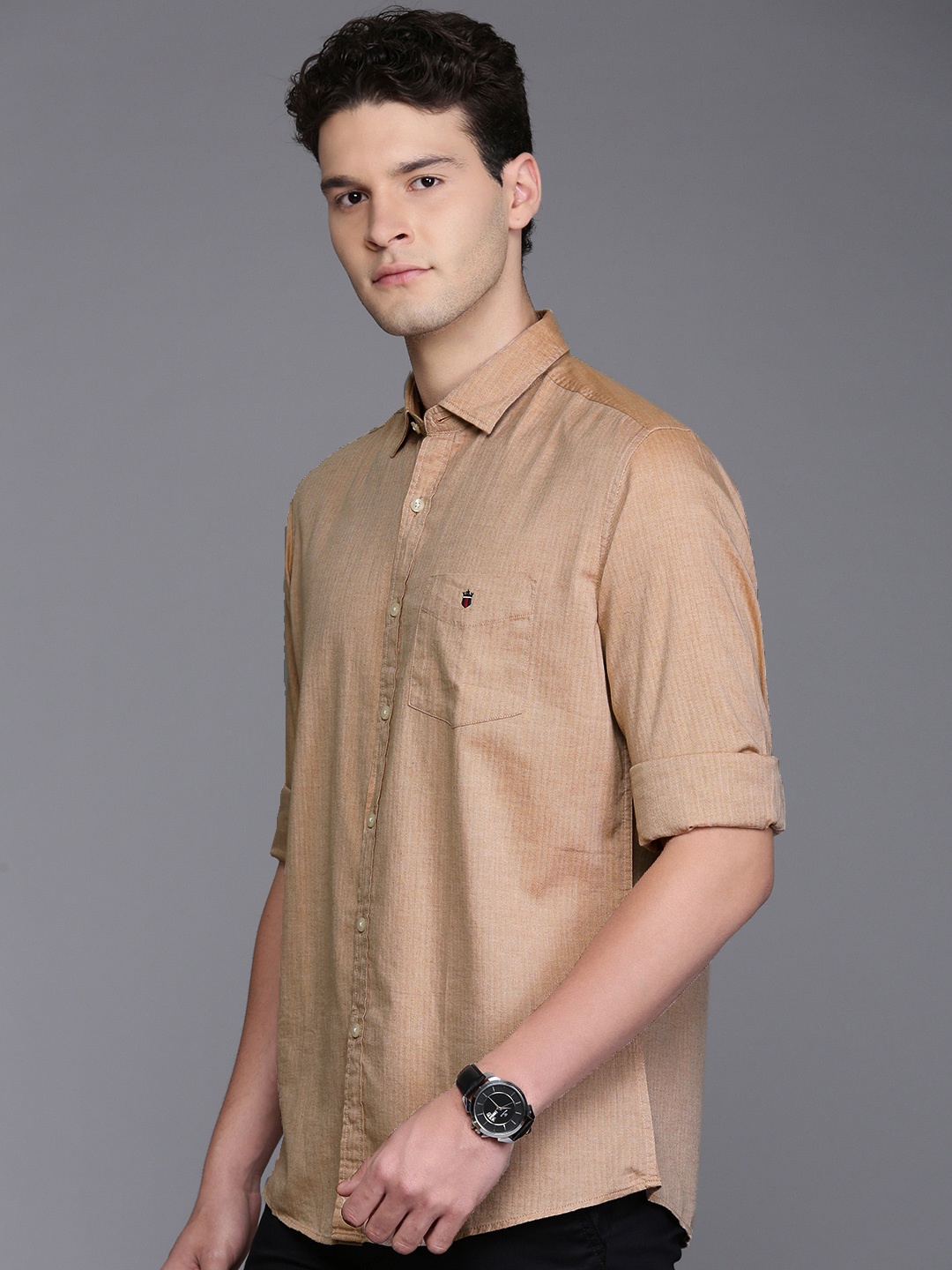 

Louis Philippe Sport Pure Cotton Self Design Textured Slim Fit Opaque Casual Shirt, Beige