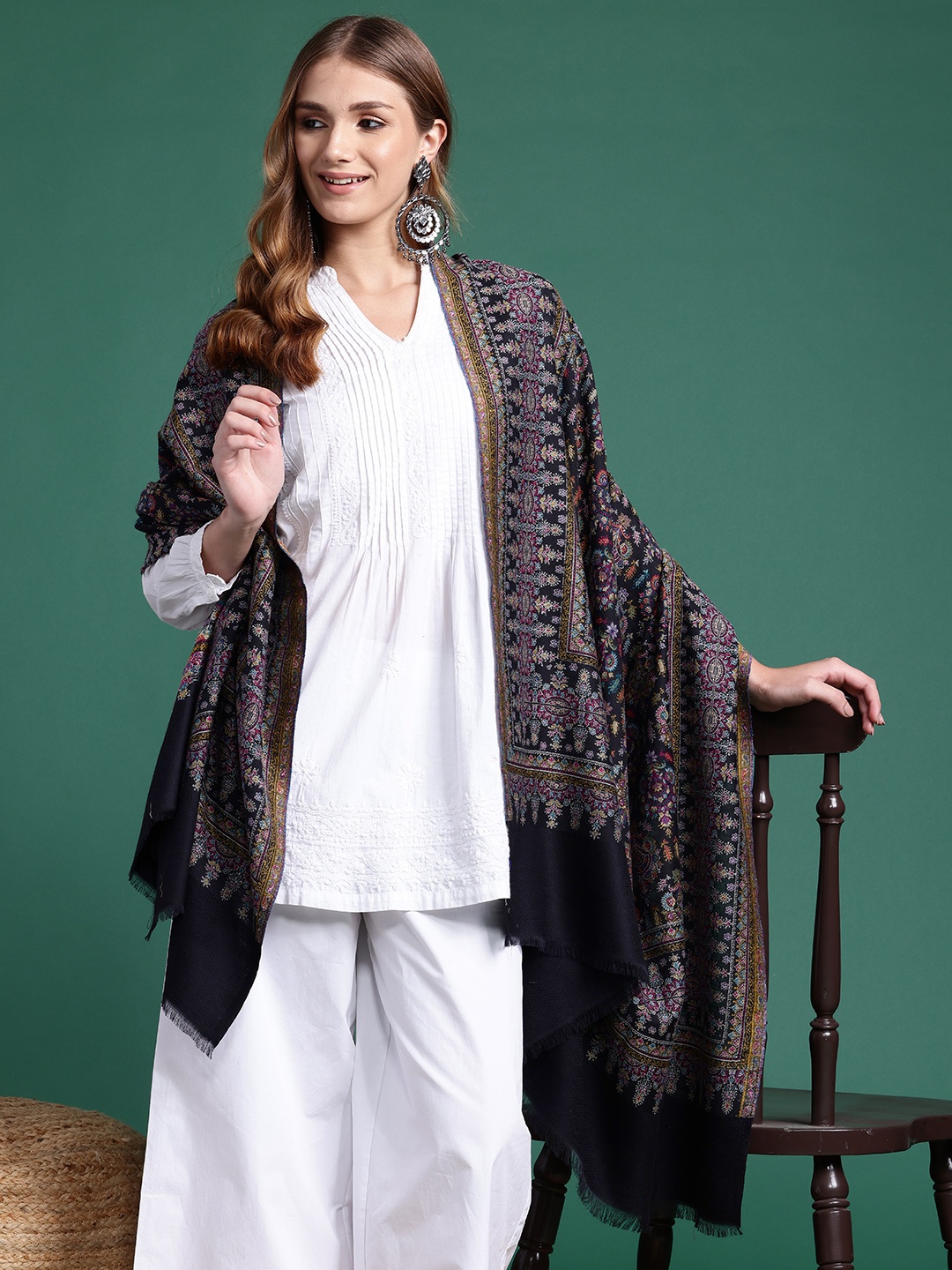 

Sangria Women Ethnic Motifs Embroidered Shawl, Black