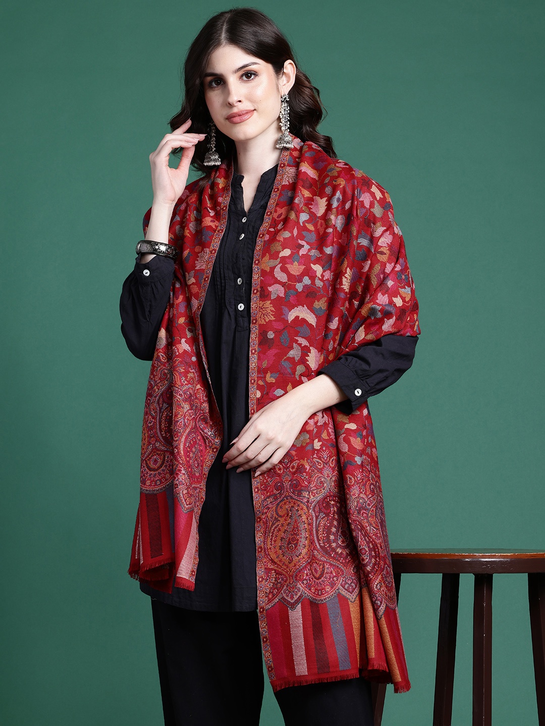 

Sangria Women Floral Woven Design Shawl, Maroon