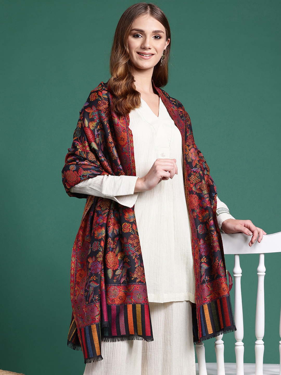 

Sangria Women Floral Woven Design Shawl, Black