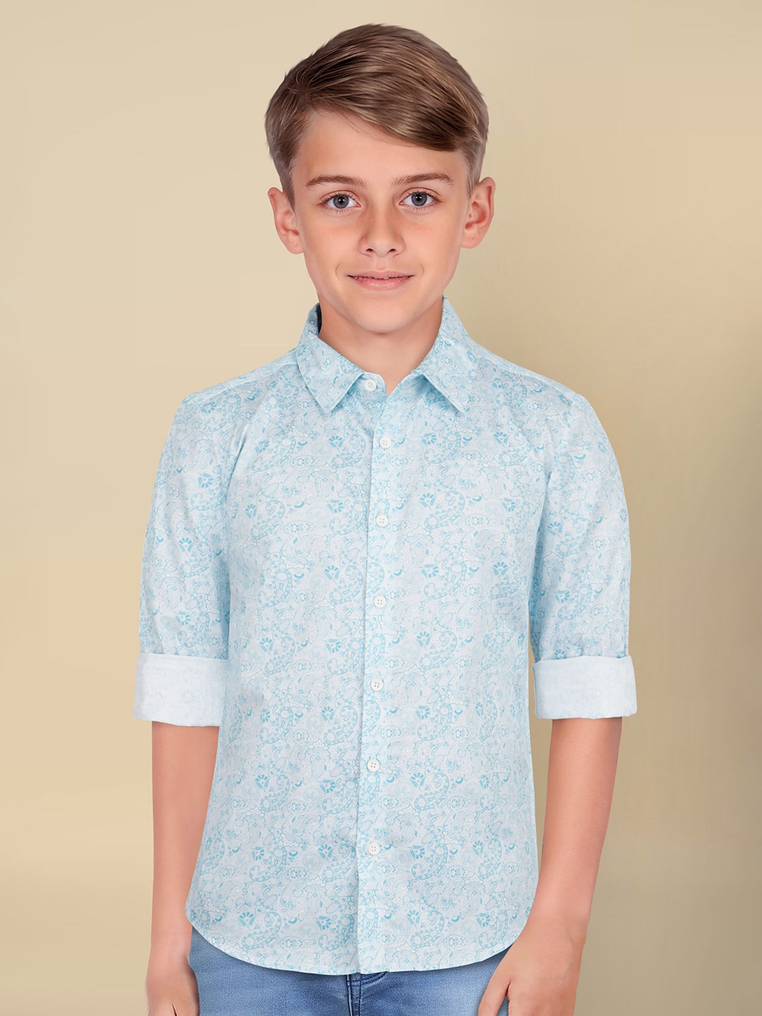 

Allen Solly Junior Boys Spread Collar Floral Printed Slim Fit Casual Shirt, Blue
