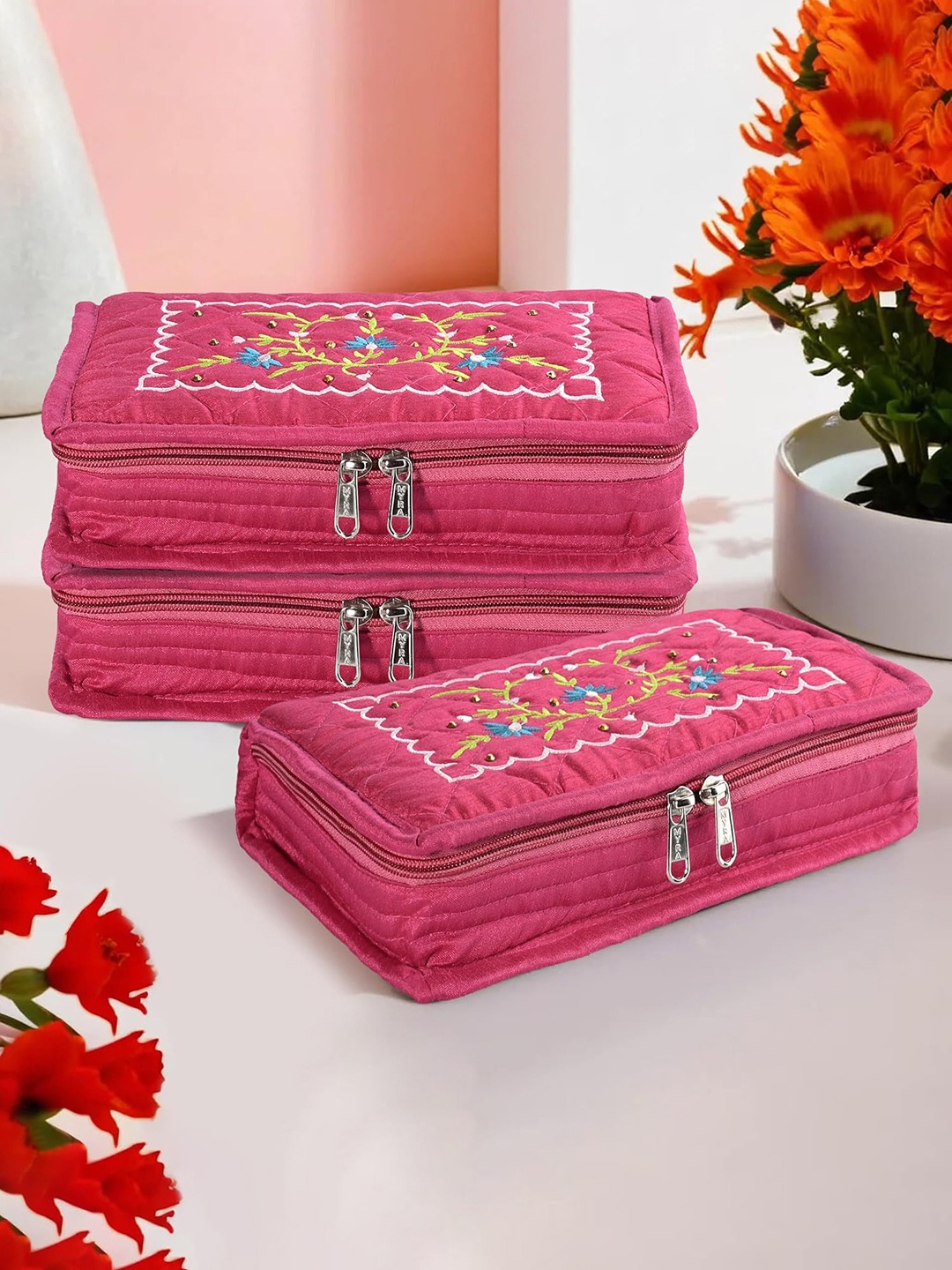 

Kuber Industries Pink 3 Pieces Self Design Jewellery Organisers