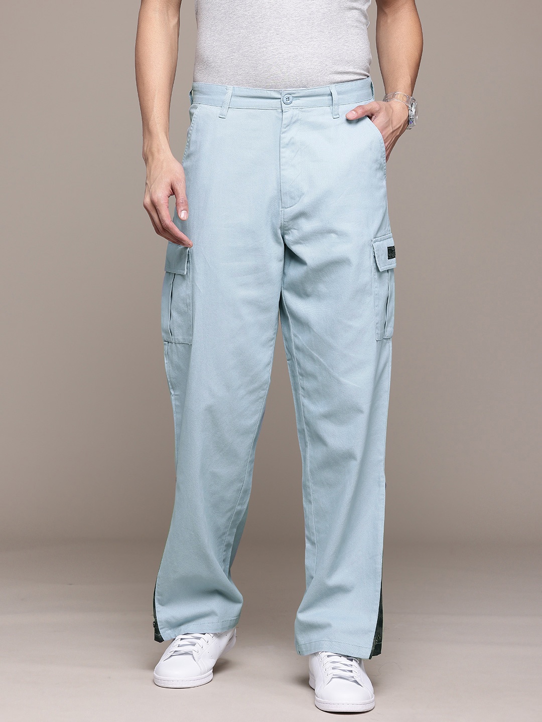 

The Roadster Lifestyle Co. Men Pure Cotton Cargo-Style Relaxed Trousers, Blue