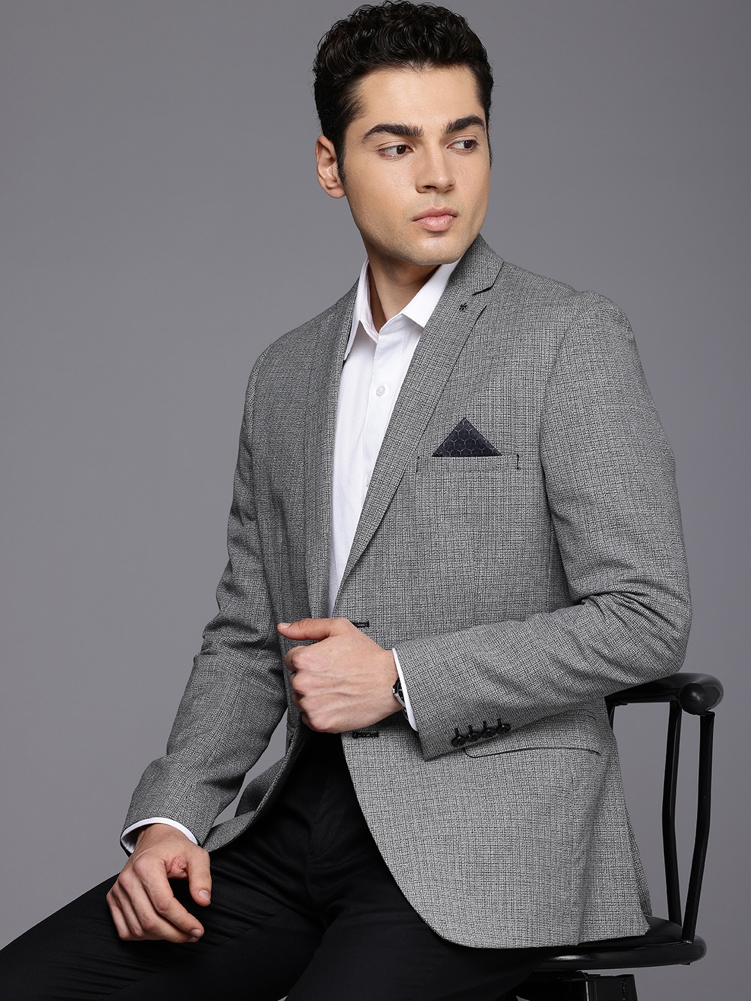 

Theme Men Checked Slim Fit Blazer, Grey