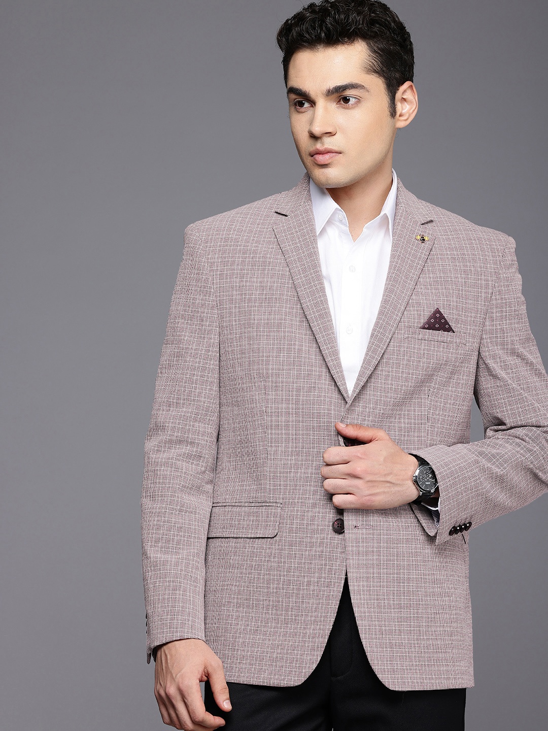 

Theme Men Checked Formal Blazer, Maroon