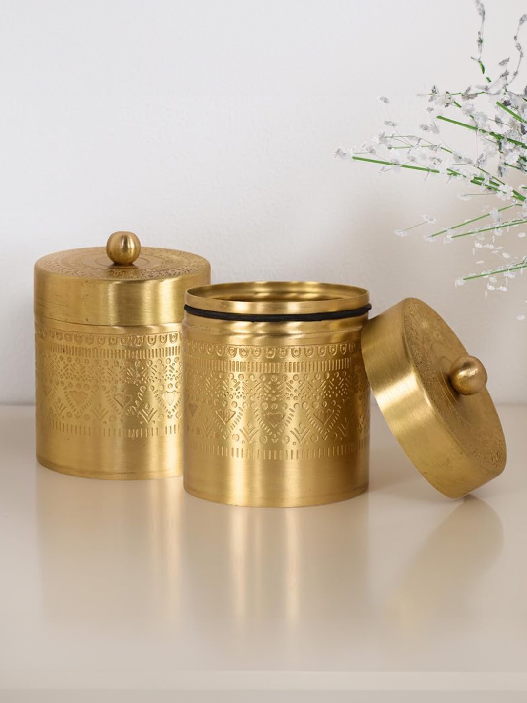 

Peepul Tree 2 Pieces Brass Storage Jars With Lids, Gold