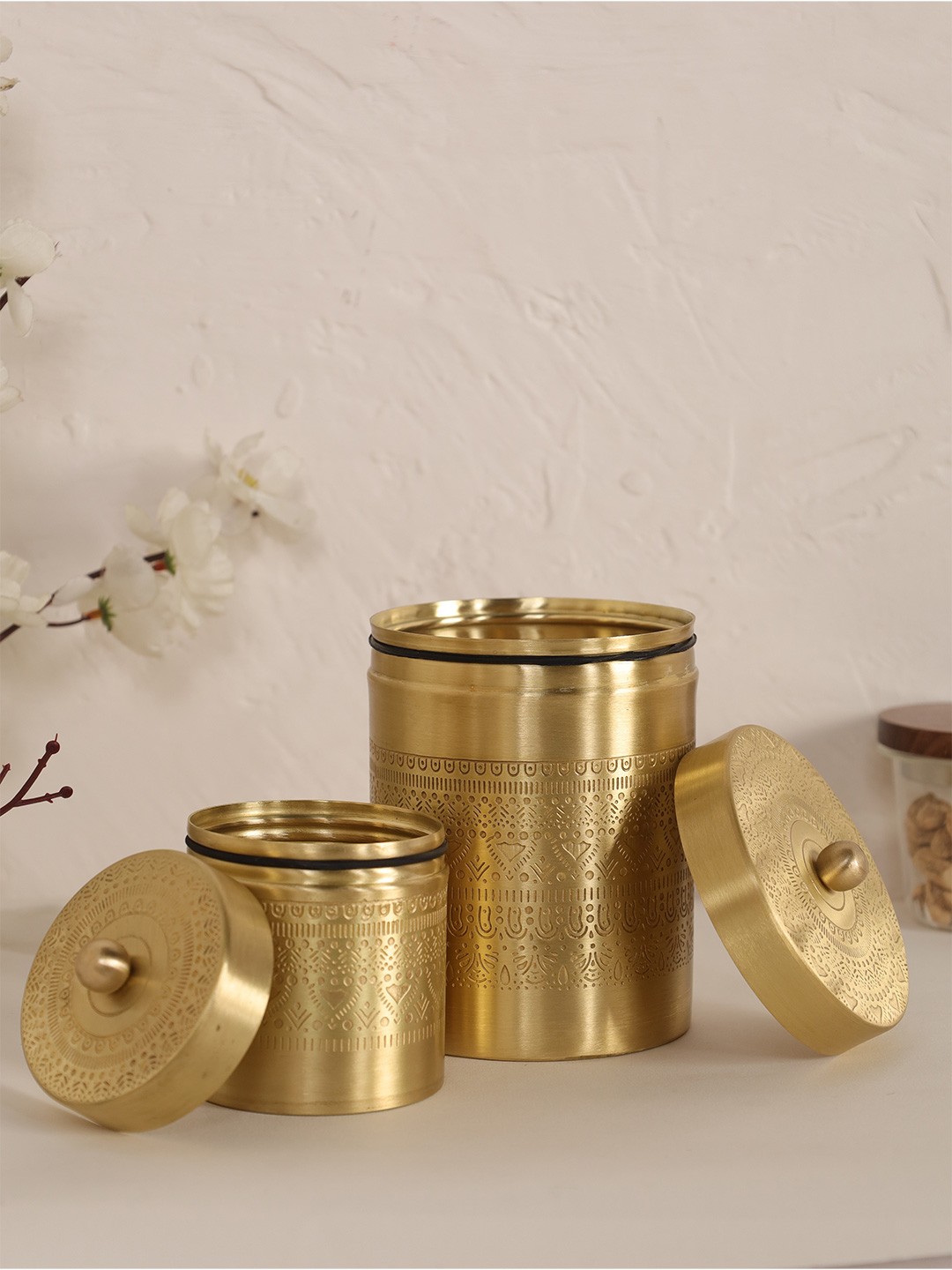 

Peepul Tree 2 Pieces Brass Storage Jar With Lid, Gold