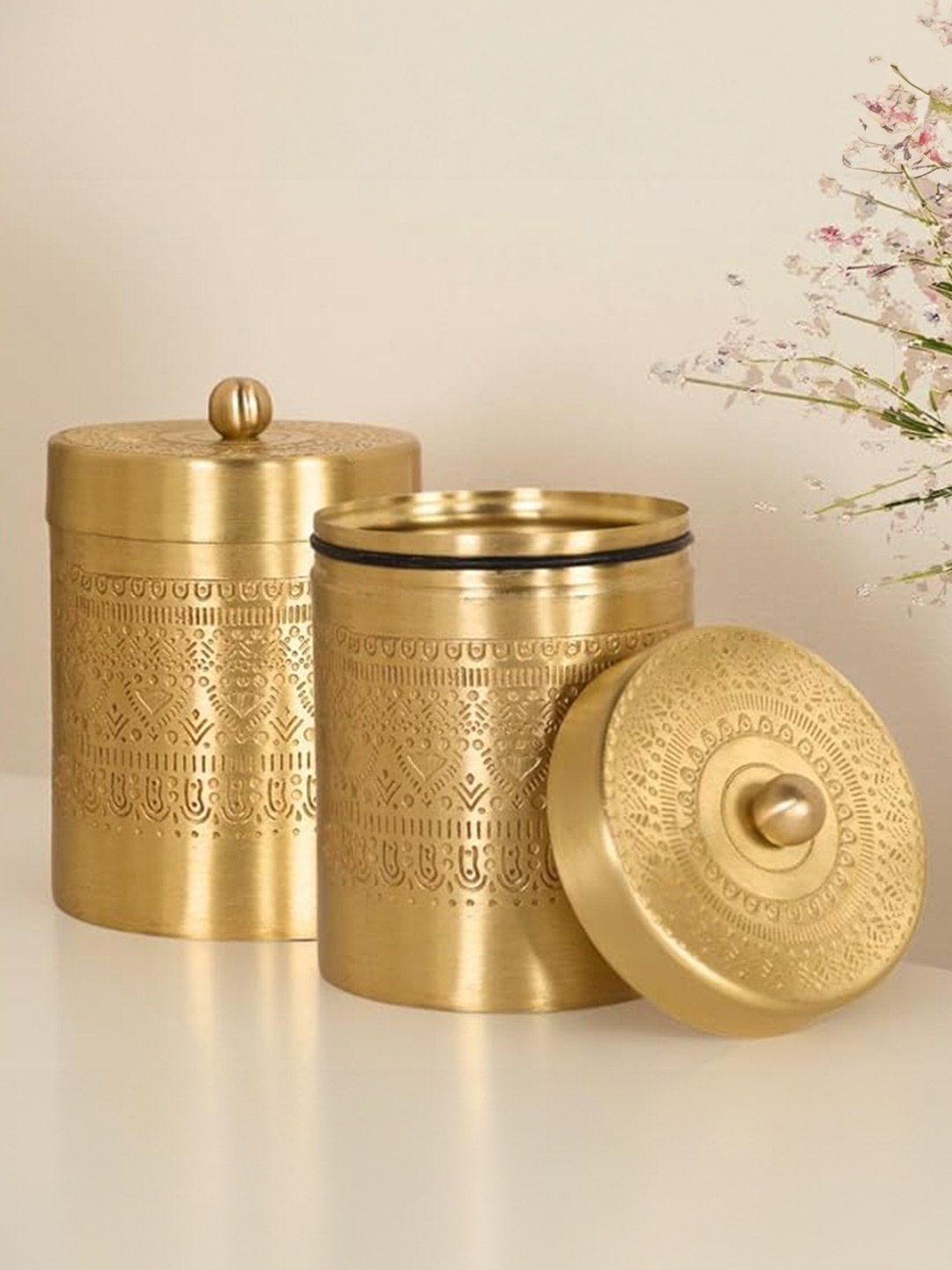 

Peepul Tree 2 Pieces Brass Storage Containers With Lids, Gold