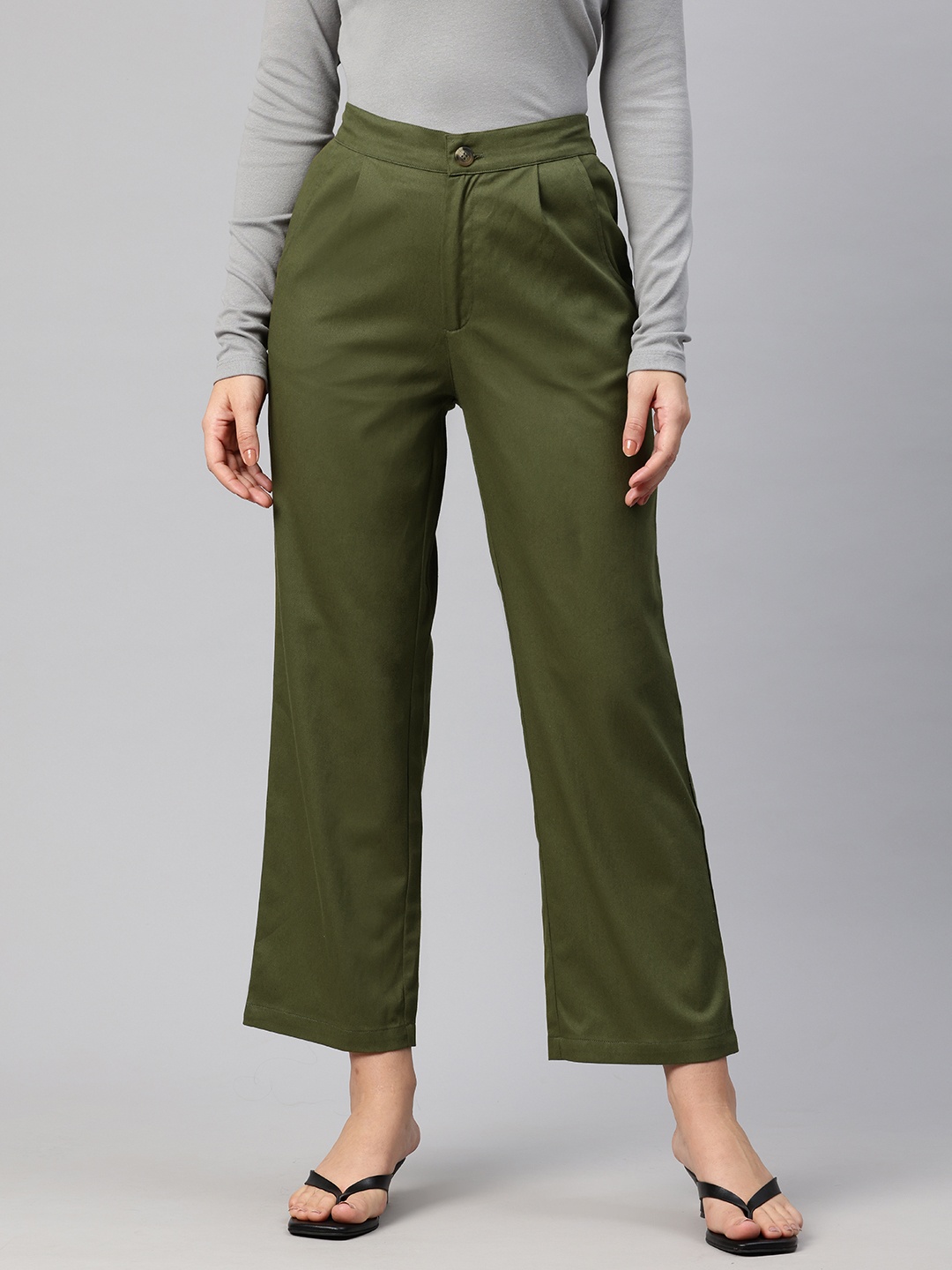 

Popnetic High-Rise Pleated Pure Cotton Parallel Trousers, Olive