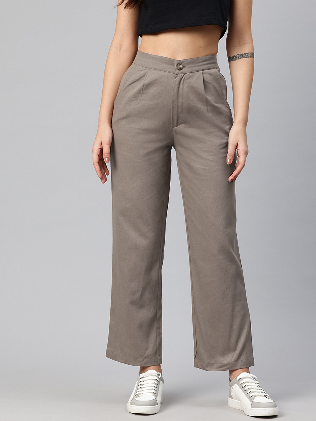 

Popnetic High-Rise Pleated Pure Cotton Parallel Trousers, Taupe