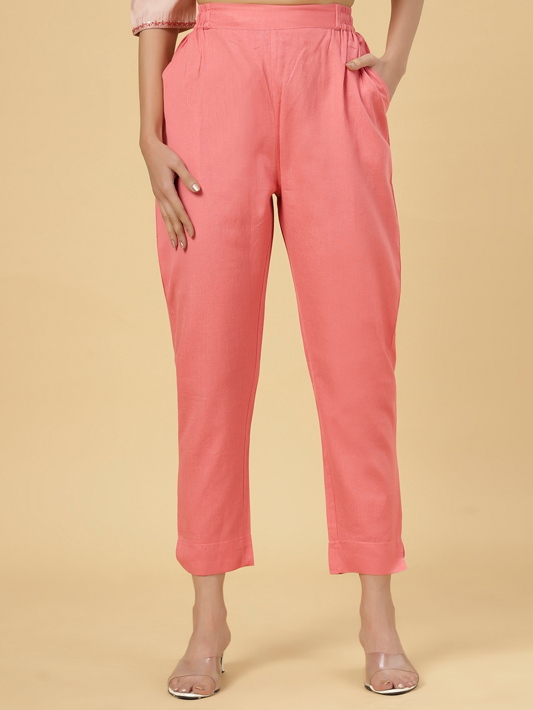 

Bottoms.love Women Mid-Rise Cotton Linen Comfort Straight Fit Trousers, Peach