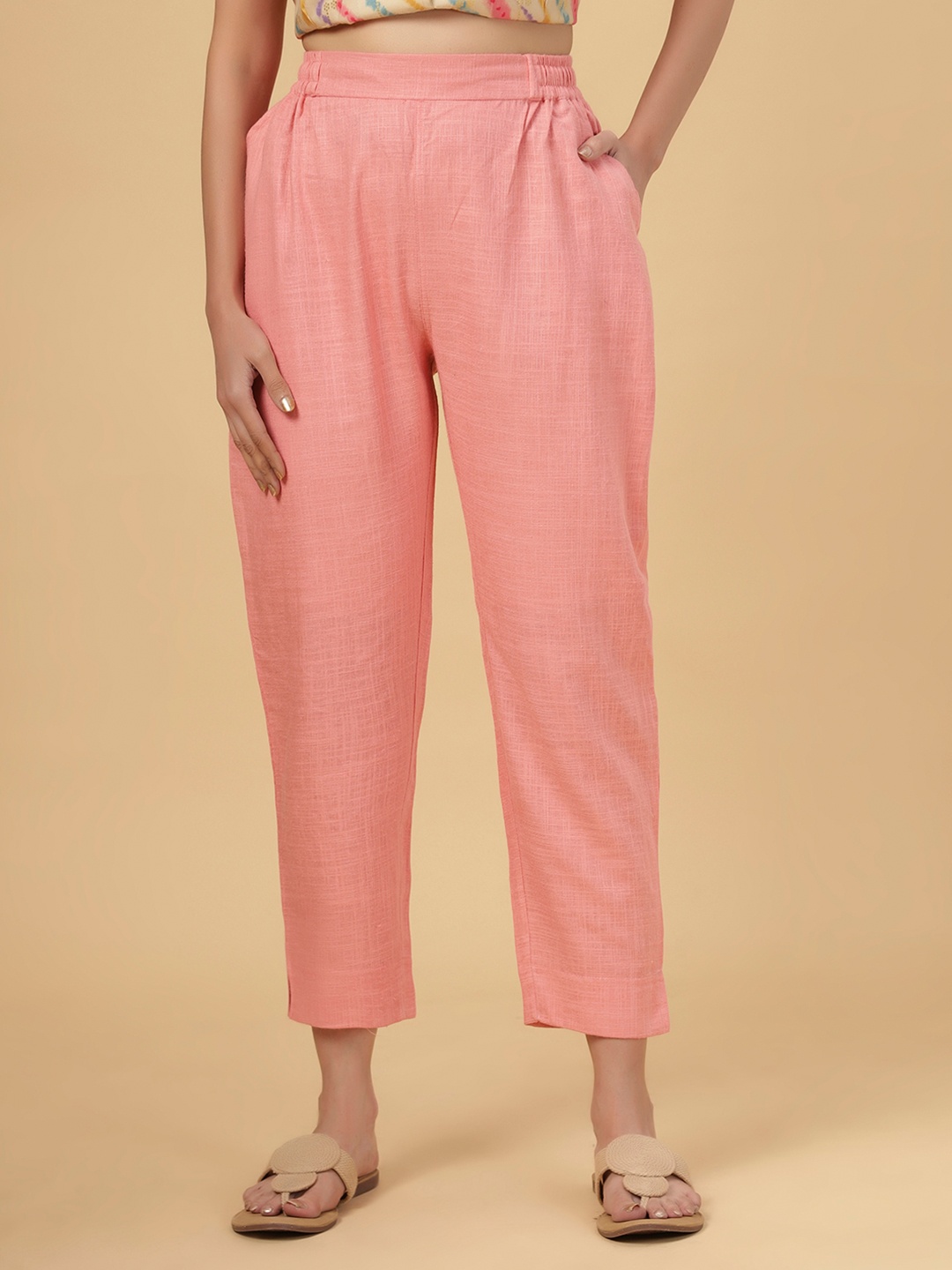 

Bottoms.love WomenSolid Mid Rise Soft Linen Trousers, Peach