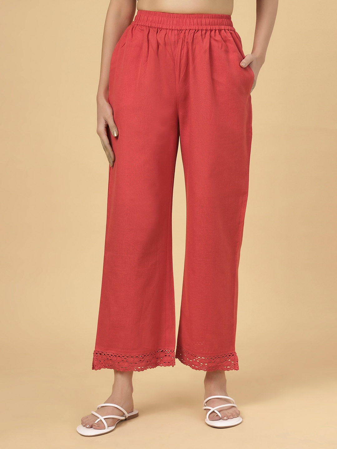 

Bottoms.love Women Ethnic Cotton Linen Lace Knitted Palazzos, Red