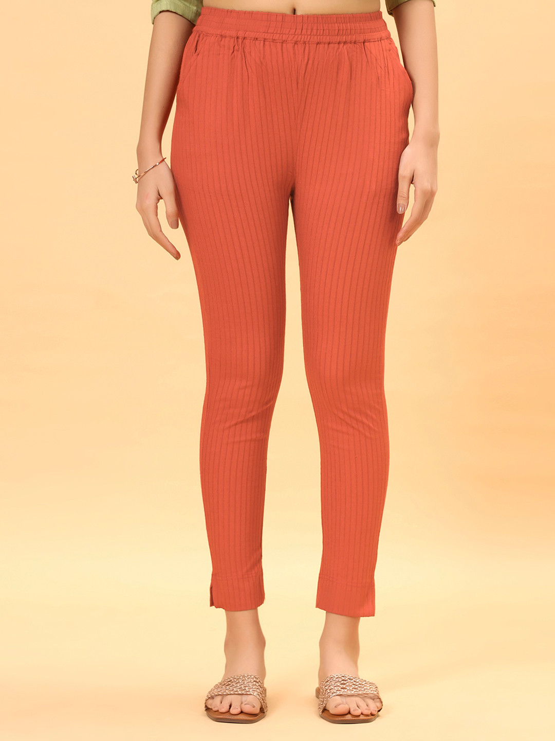 

Bottoms.love Women Solid Mid-Rise Lycra Plain Cigerette Trousers, Rust