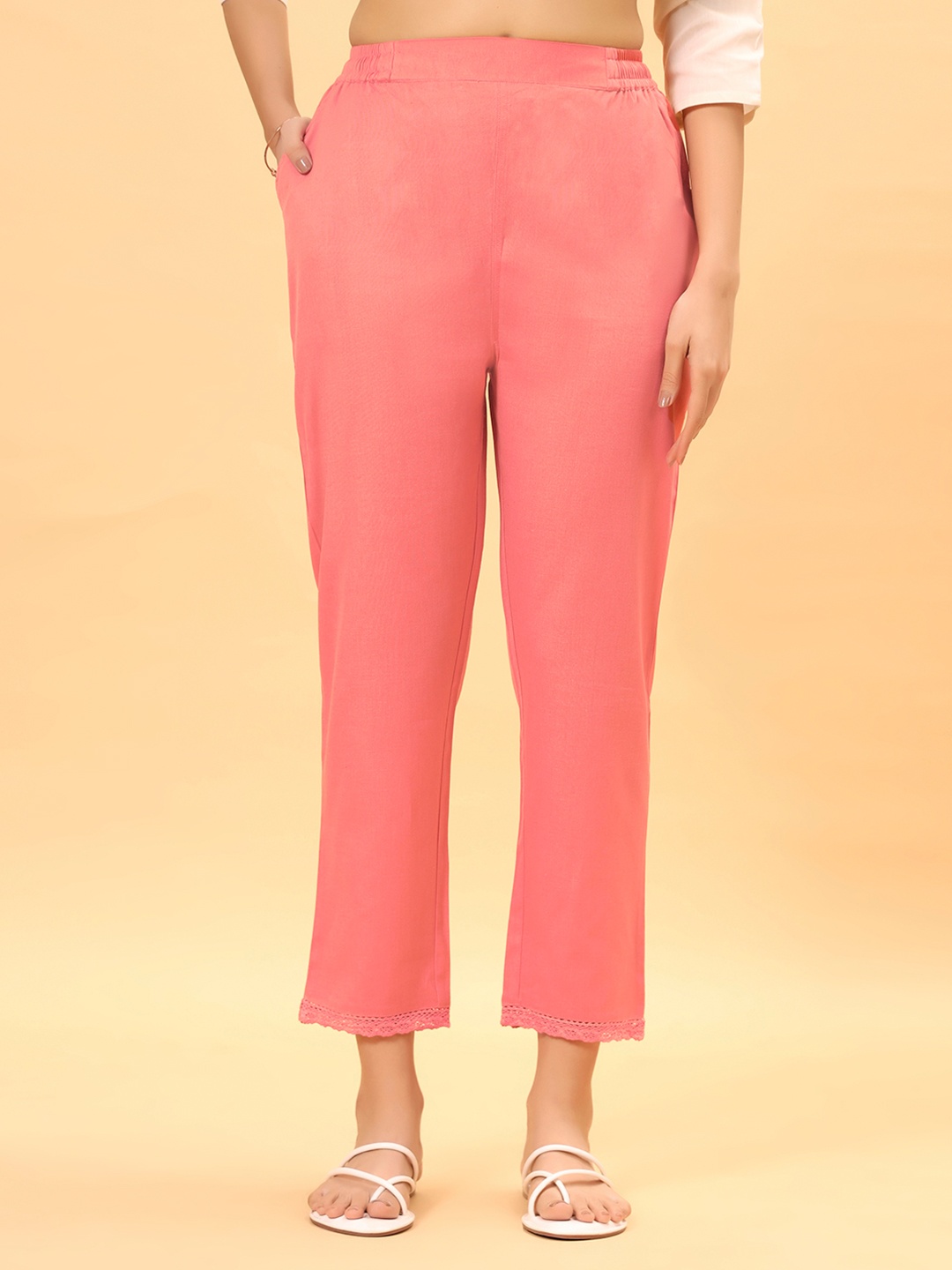 

Bottoms.love Women Comfort Straight Fit Cotton Linen Mid-Rise Trousers with Lace, Peach