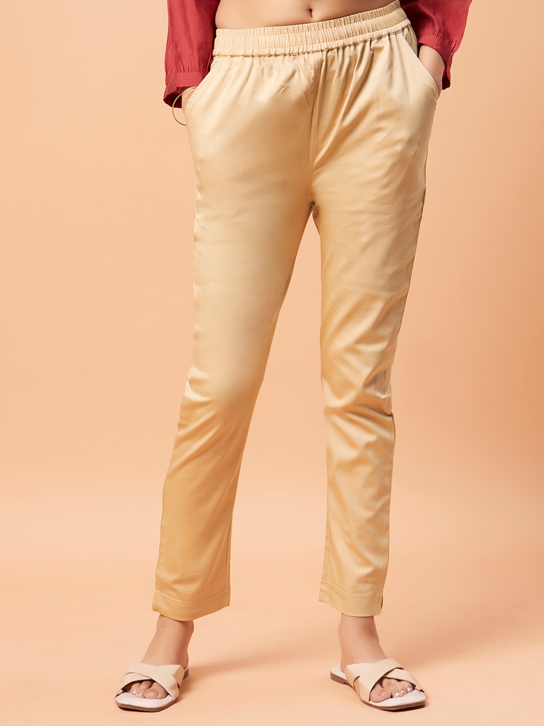

Bottoms.love Women Solid Mid-Rise Lycra Plain Cigerette Easy Wash Trousers, Beige