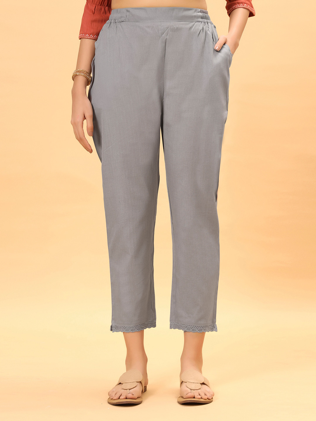 

Bottoms.love Women Mid-Rise Cotton Linen Comfort Straight Fit Trousers with Lace, Grey