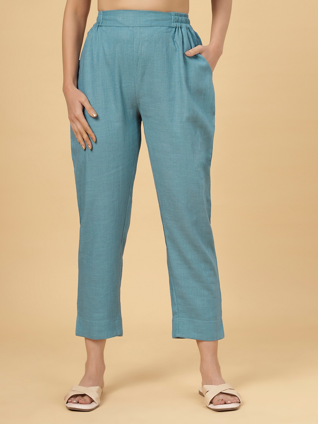 

Bottoms.love WomenSolid Mid Rise Soft Linen Trousers, Blue