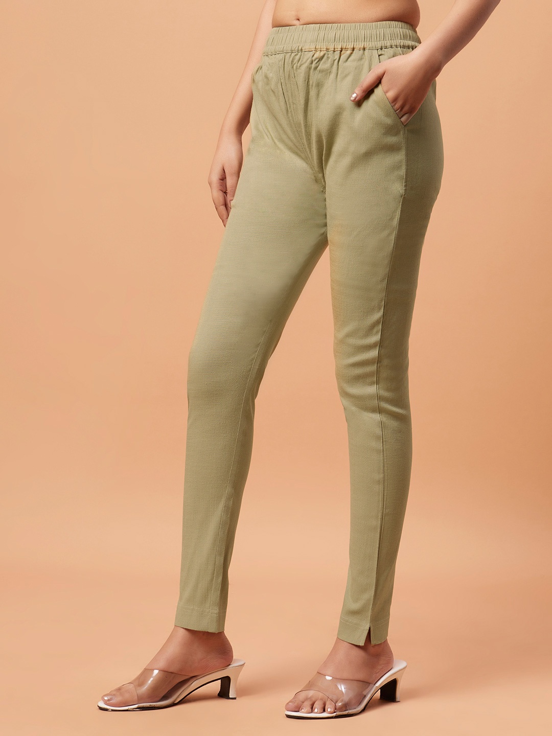 

Bottoms.love Women Solid Mid-Rise Lycra Plain Cigarette Pants, Olive