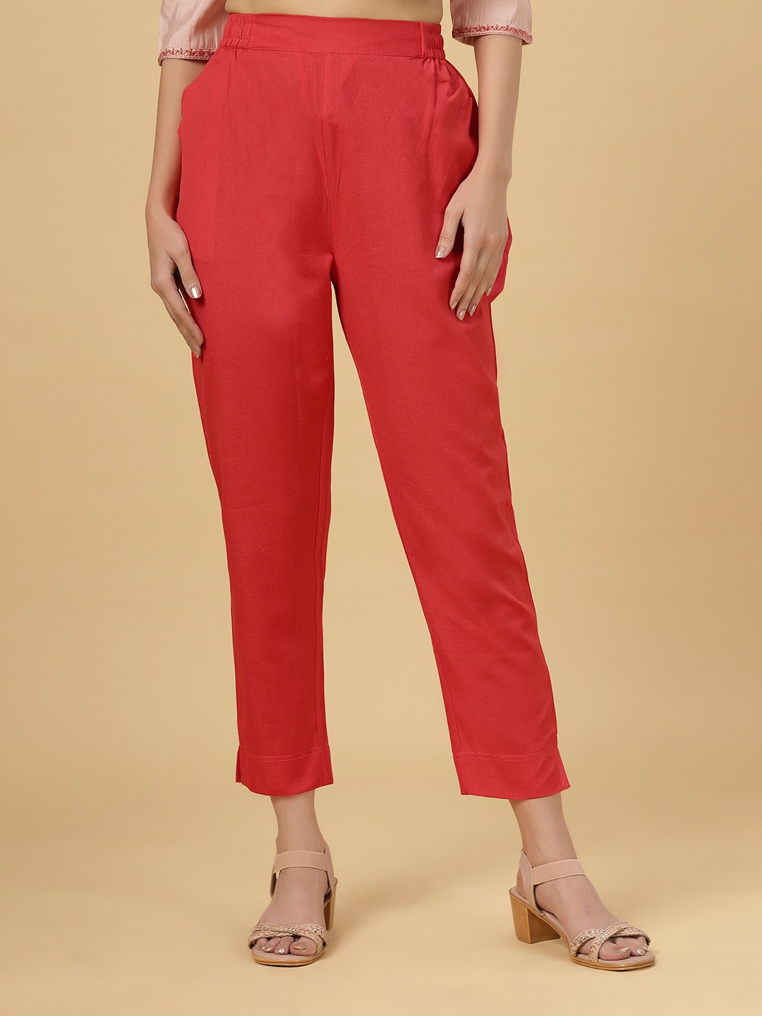 

Bottoms.love Women Comfort Cigerette Fit Cotton Linen Mid-Rise Trousers, Red