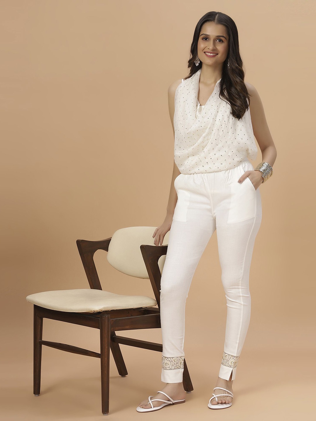 

Bottoms.love Women Solid Mid-Rise Lycra Plain Cigerette Lace Trousers, Off white