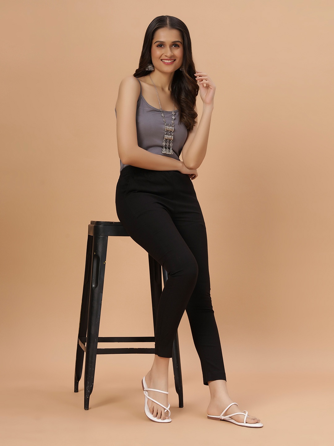 

Bottoms.love Women Solid Mid-Rise Lycra Plain Cigerette Pants, Black