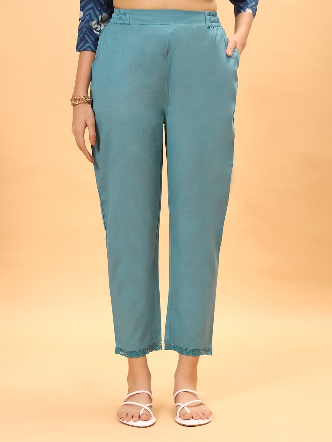 

Bottoms.love Women Mid-Rise Cotton Linen Comfort Straight Fit Trousers with Lace, Blue