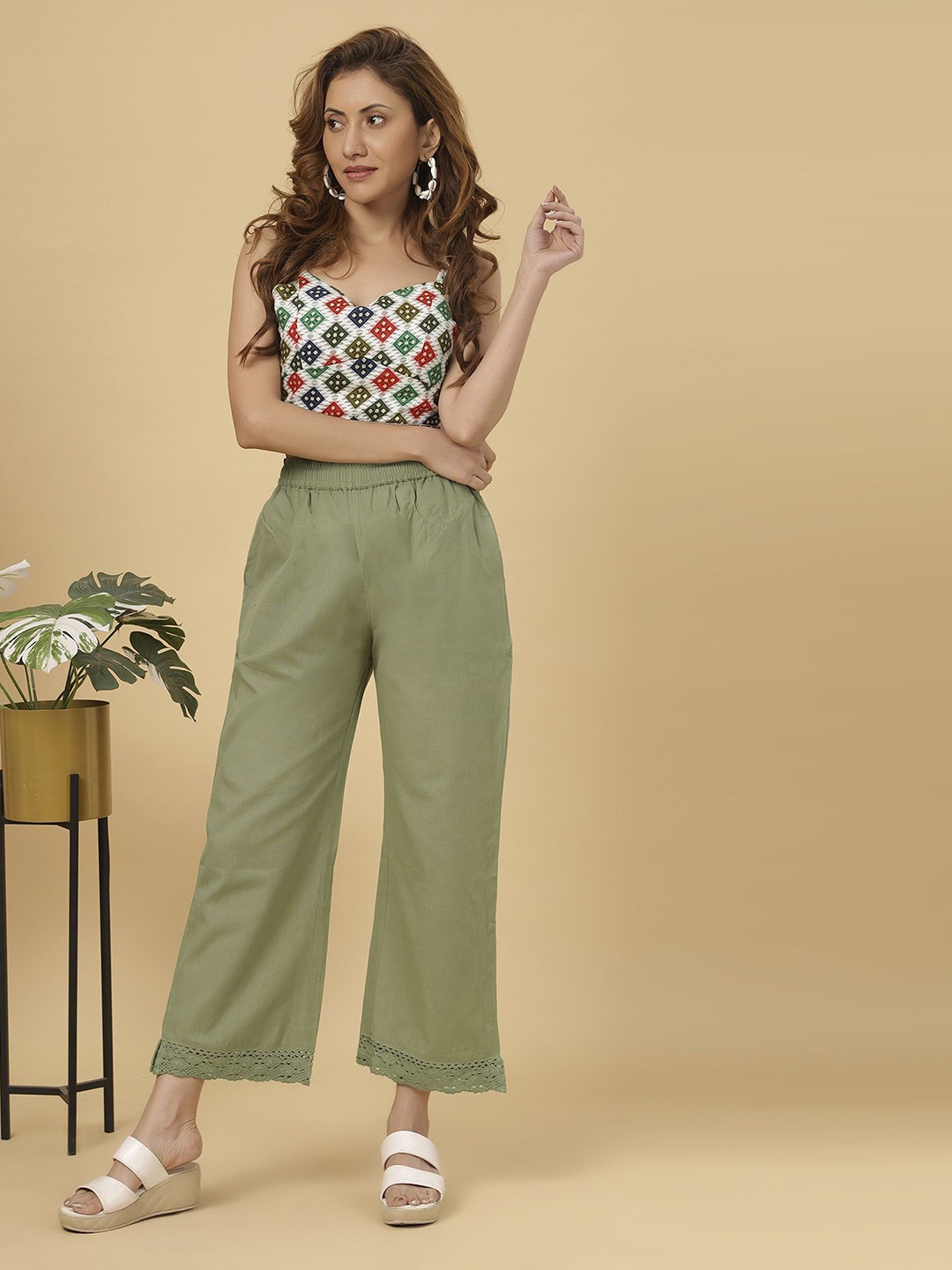 

Bottoms.love Mid-Rise Ethnic Cotton Linen Lace Palazzos, Green