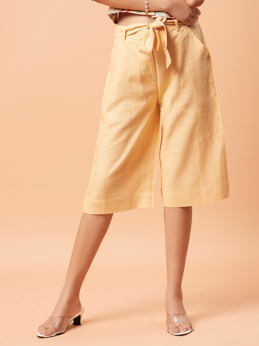 

Bottoms.love Women Linen Solid Mid Rise Culottes Trousers With A Belt, Yellow