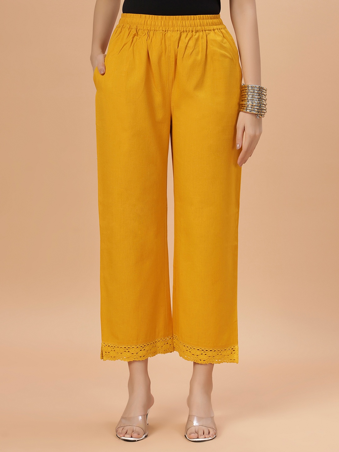 

Bottoms.love WomenSolid Mid Rise Palazzos, Mustard