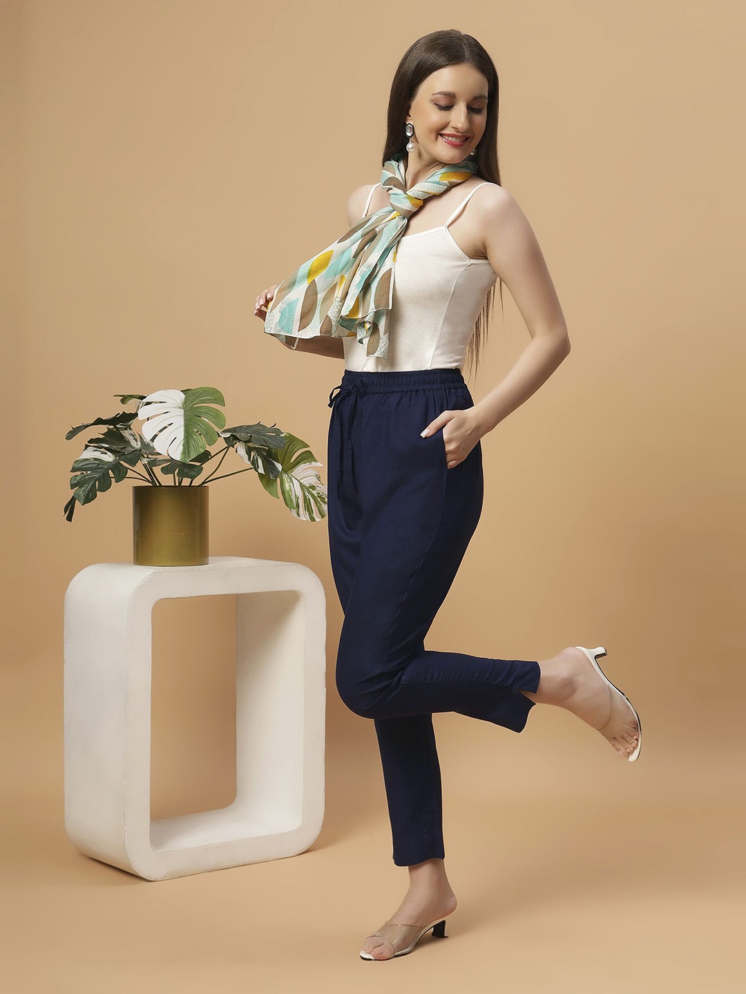 

Bottoms.love Women Mid-Rise Solid Cotton Rayon Comfort Straight Fit Lounge Pants, Navy blue